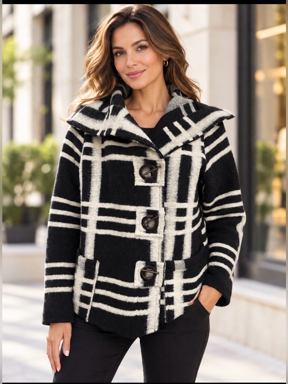 Elena wang Black and White Women's button up wool blend sweater Coat jacket SP